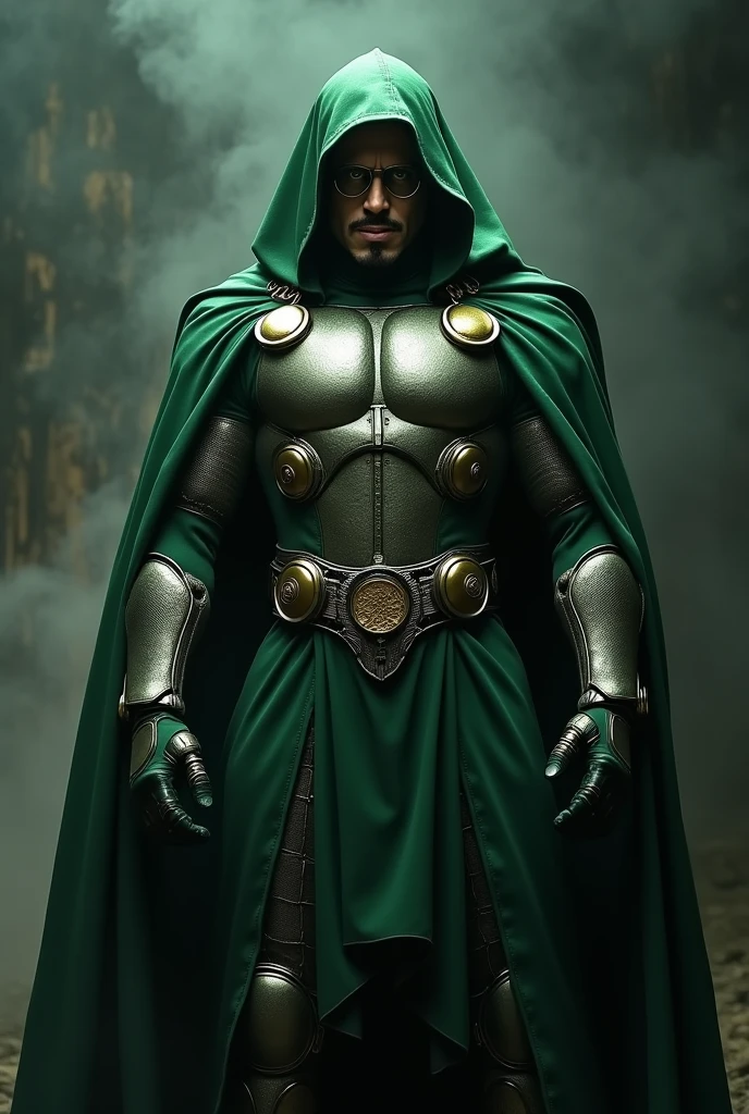Iron man character Robert Downey Jr as Dr.doom,in a green cloak , metal armour,iron mask off,in villain getup , looking at the camera,after conquering the world,different profiles, smoky,  dark mysterious background, ultra realistic, realism 16K,textured skin.