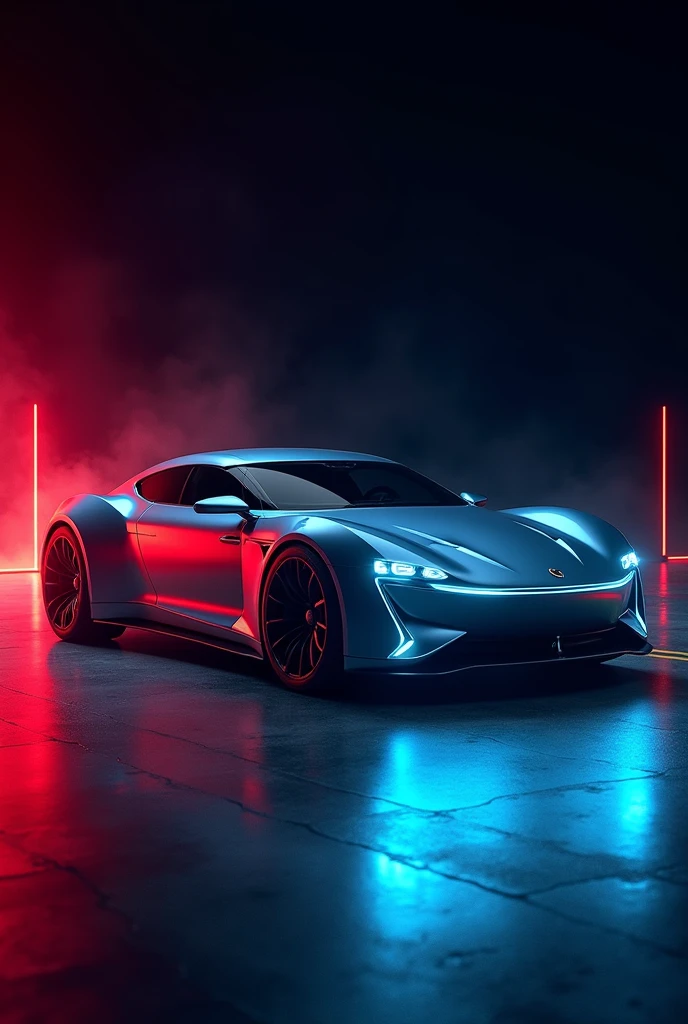 The image features a sleek, futuristic car  with a low profile, aerodynamic design, and a shiny, reflective surface. The car is set against a dark background with vibrant red and blue light reflections on the ground, giving it a dramatic and high-tech appearance. The vehicle appears to be a concept car, likely incorporating advanced technology and cutting-edge design elements. uhd 16k, professional photography, image like neon box 3D light 