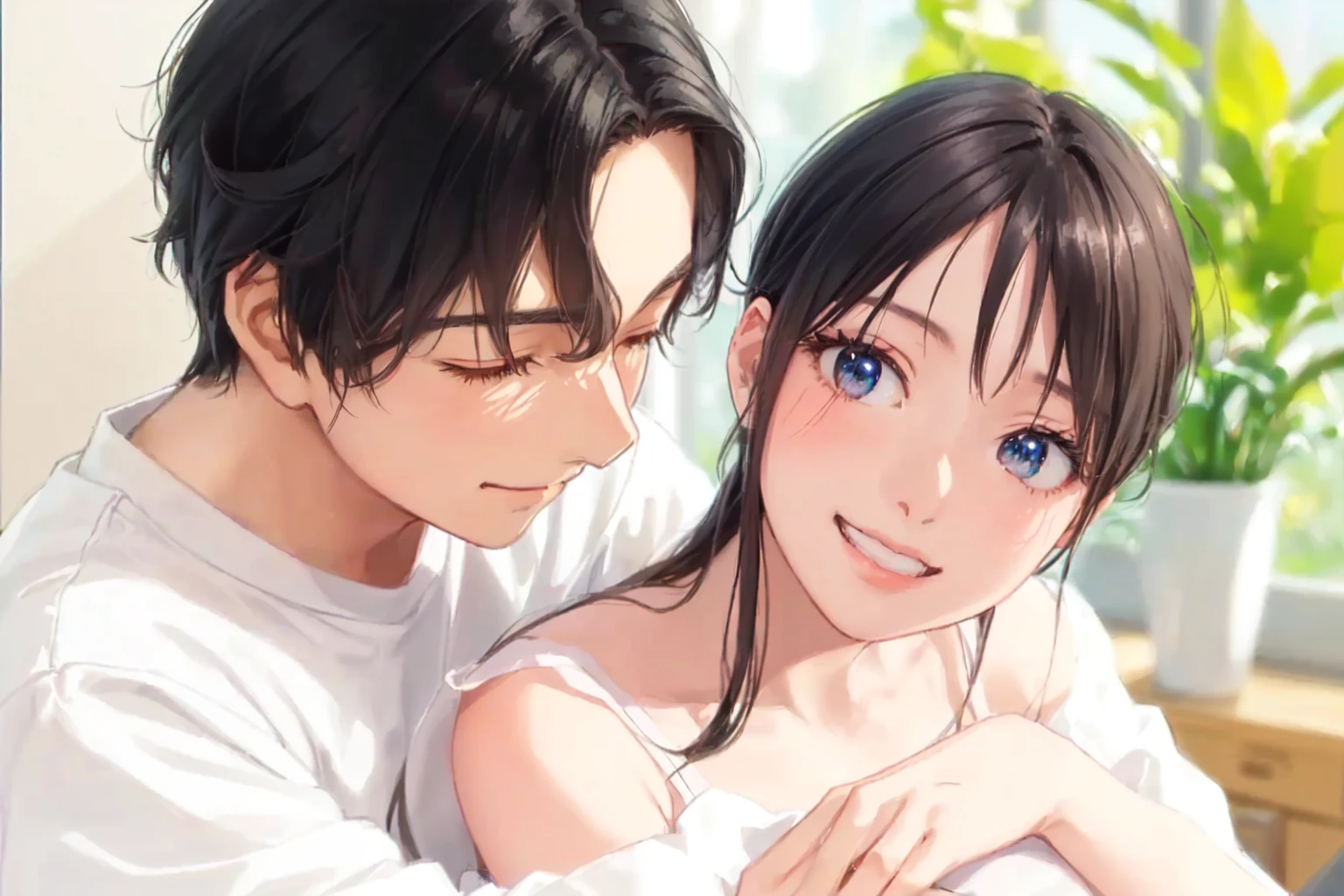 Anime couple hugging in front of the window, Cute realistic portrait, Makoto Shinkai and Artgelm, sakimichan and makoto shinkai, Gweiz-style artwork, Smooth anime CG art, Photorealistic Animation, Guweiz and Makoto Shinkai, Renji Murata and Artgerm, Realistic anime art style