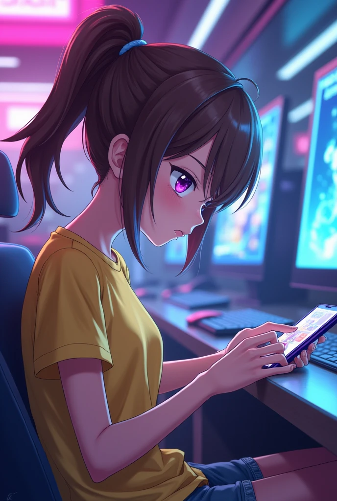 Gamer , Anime girl , brown hair colour , ponytail hair style , yellow T-shirt , purple eyes , empty eye lens , uncaring eye , plays mobile , side view