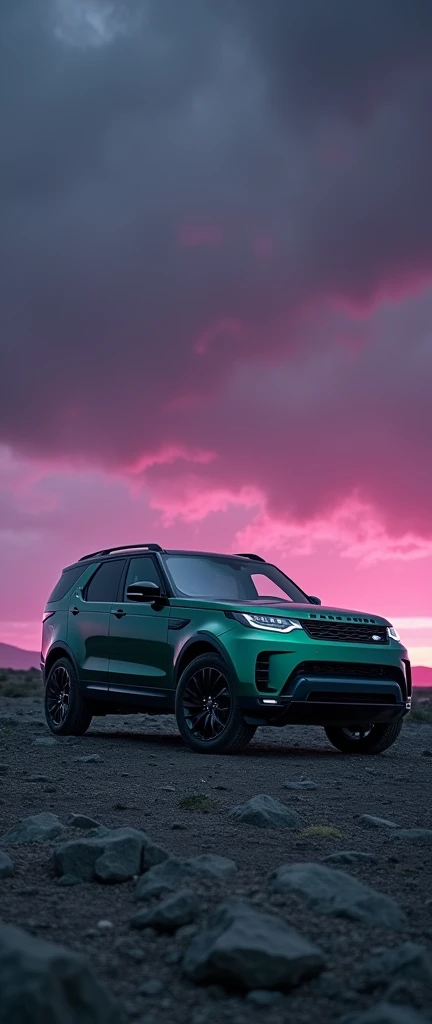 Brand new land rover greenish colour with ceramic coating .dark violet sky. Gray soil