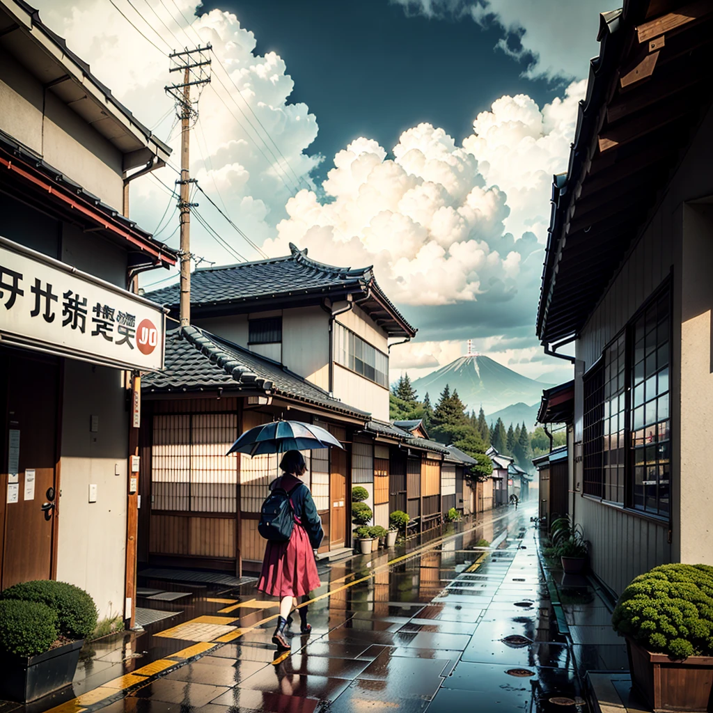 japan, a high school girl walking on Japanese street along the side of a mountain, overlooking city, modern Japanese architecture, retro Japanese style buildings, retro Japanese convenience store, retro Japanese shop signs, Japanese signs, plant pots, (no one: 1), no people, no one in sight, no cars, no vechiles, rain, raining, heavy rainfall, wet, puddles, dramatic rain, dramatic rain, heavy rain, lots of rain, rain drops, rain falling, rain drops falling, gloomy weather, emerging sun through clouds, storm