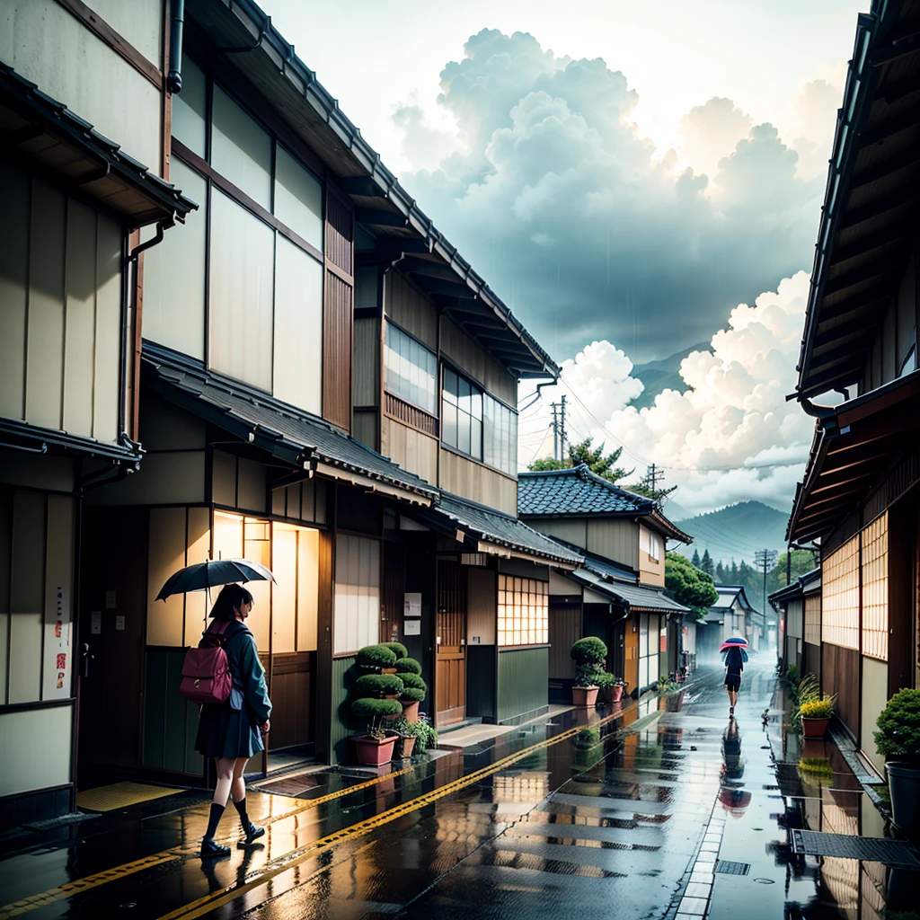 japan, a high school girl walking on Japanese street along the side of a mountain, overlooking city, modern Japanese architecture, retro Japanese style buildings, retro Japanese convenience store, retro Japanese shop signs, Japanese signs, plant pots, (no one: 1), no people, no one in sight, no cars, no vechiles, rain, raining, heavy rainfall, wet, puddles, dramatic rain, dramatic rain, heavy rain, lots of rain, rain drops, rain falling, rain drops falling, gloomy weather, emerging sun through clouds, storm