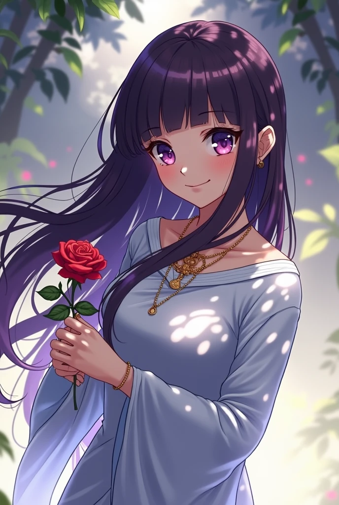 A beautiful girl, with beautiful smile,with sky blue sari, with purple eyes, with purple long hair, with turning,a rose in his hand, in a jungle. Anime