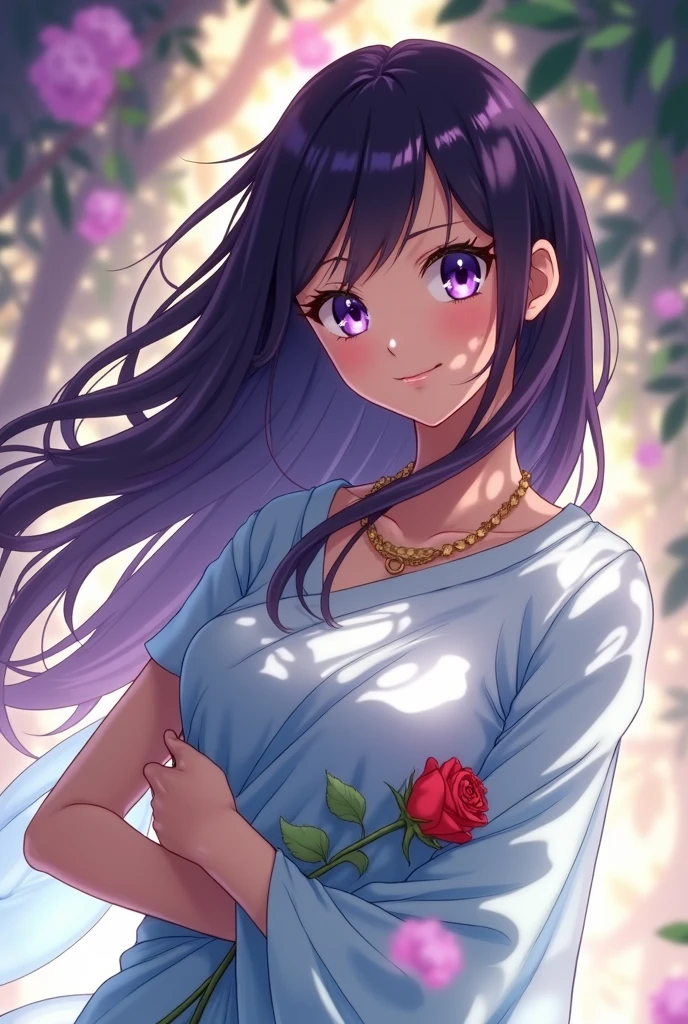 A beautiful girl, with beautiful smile,with sky blue sari, with purple eyes, with purple long hair, with turning,a rose in his hand, in a jungle. Anime