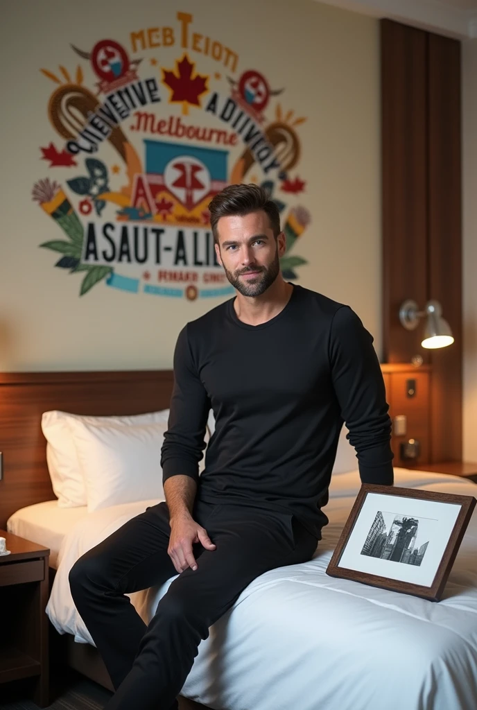 Homme caucasien grand de taille, charmant, un peu costaud, habillé en pantalon et tee-shirt manche longue, assis ou adossé sur une table dans une grande chambre d'hôtel, sur la table qu'il y ait également un papier mouchoir déjà utilisé sur la table et sur le lit de l'hôtel qu'il soit déposer un cadre photo grand ou moyen qu'il est possible de faire arrêter sur le lit et faire face à la caméra et sur le mur du chevet du lit un tableau sur lequel il est écrit en français : Bienvenue à Melbourne AUSTRALIE et autour de la phrase qu'il y ait les emblèmes du CANADA QUÉBEC ou le drapeau du CANADA QUÉBEC