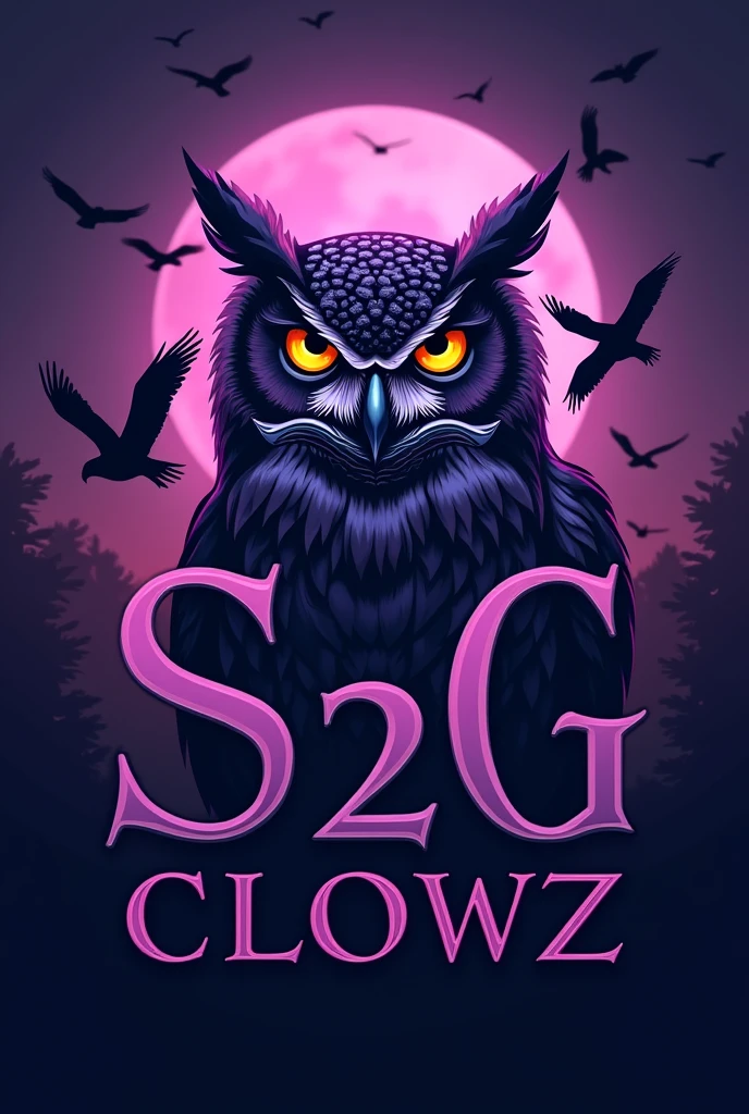 I want to create a logo. It should be a purple owl, a male assassin. Big, realistic. On the top, write S2G. On the bottom, write CLOWZ. In the background, there should be owls flying. Everything should be beautiful.