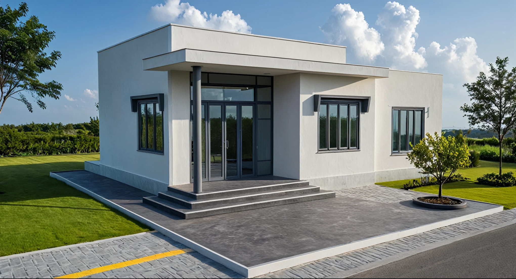Masterpiece, high quality, best quality, authentic, super detail, outdoors, onestoreyvillaXL, aiaigroup, house style modern on the street ,stairs, white wall ,road,pavement, grass, trees, sky, cloud, (daylight:1.1)
