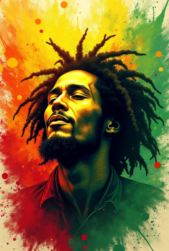 vectorial art, With a lot of Jamaican reggae, Authentic Jamaican Reggae Music Atmosphere,colorful illustrations, At the center, swirly vibrant colors, paint splashes and smears, high détail,