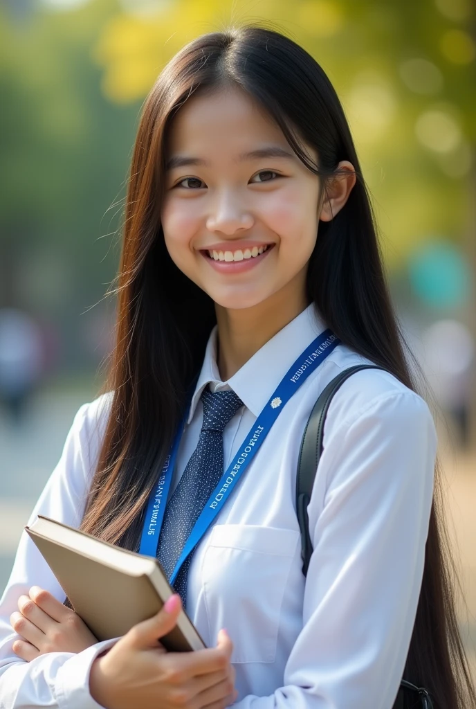 (Masterpiece),(complication:1.3),(The most realistic),((not revealing or provocative)),(Dress appropriately and neatly.),(A student), A portrait of a woman, 18 years old, beautiful face, beautiful faceแบบไทย ,long black hair ,smiling and happy, holding a notebook, Thai person ((wearing a white long-sleeved collared shirt)), ((Wear a blue lanyard with white lettering that says "kalasin Vacational School")), ((Wear a blue tie with a slight pattern, not too much.)) Dressed simply,warm light, weak sunlight, Photo shows only half of the body ,professional photographer for detailed photos, Have clarity, dramatic, Awarded first prize, Cinematic lighting, (film grain,A blurry background, Blurred background, bokeh, depth of fied),(Children under 18 years old can watch.)