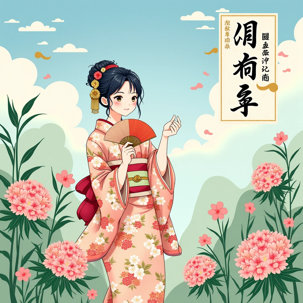 Create a Japanese summer greeting card for "暑中見舞い".,Style leaning towards Japanese,The color scheme is fresh,The text reads "We wish you the best of luck in this hot summer."