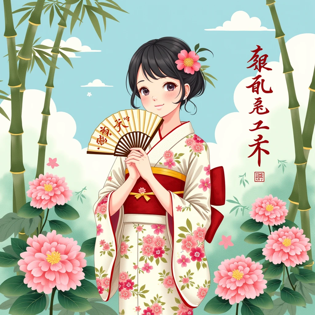 Create a Japanese summer greeting card for "暑中見舞い".,Style leaning towards Japanese,The color scheme is fresh,The text reads "We wish you the best of luck in this hot summer."