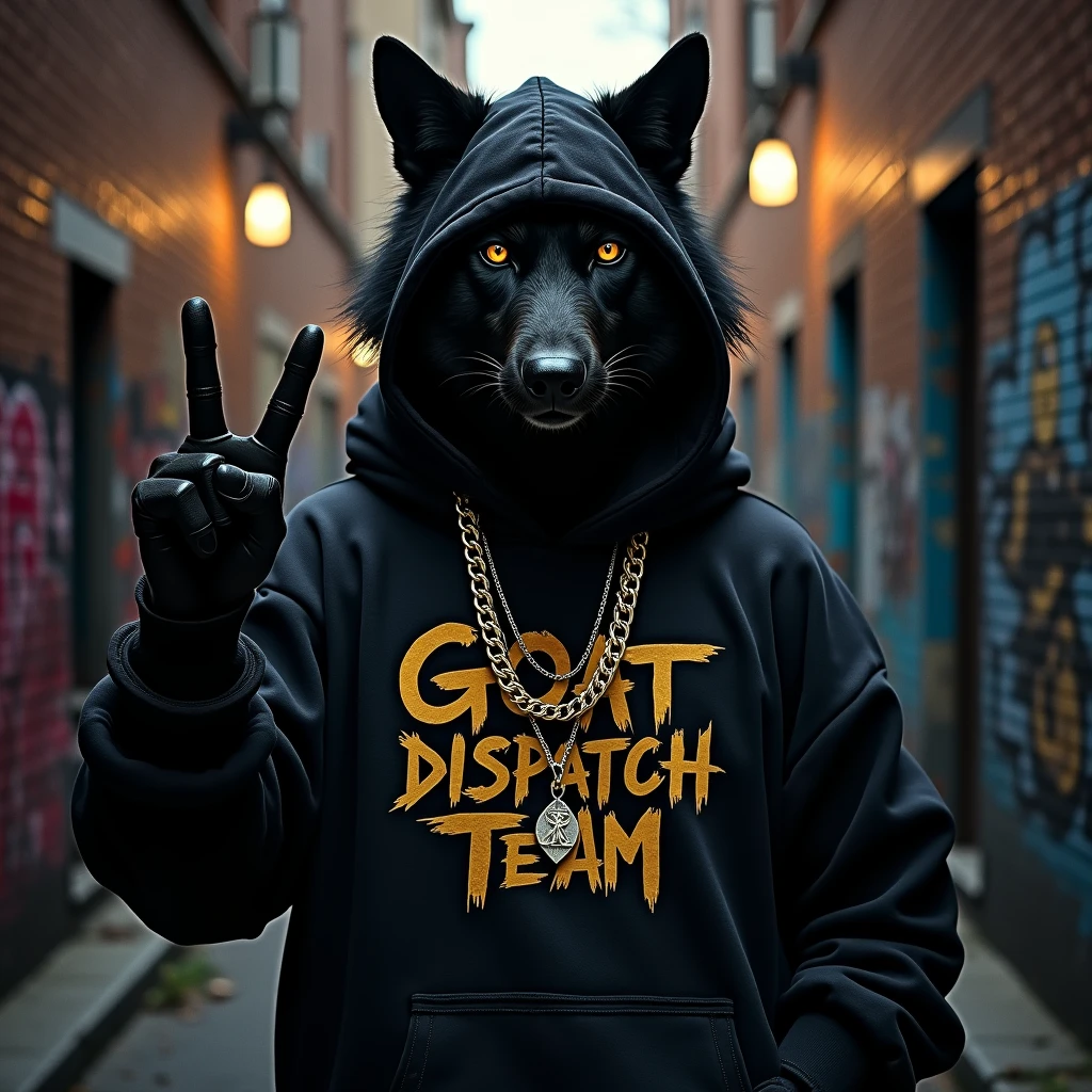 Black serious angry wolf with gangster clothes on his hand sign under the letter "GOAT DISPATCH TEAM"