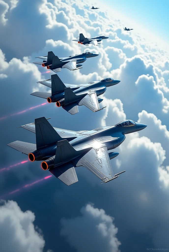 Group of Futuristic Warplanes flying at the airspace