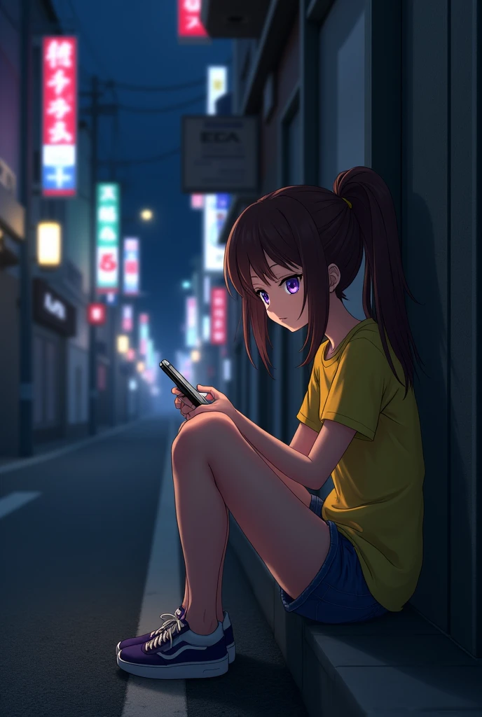 Gamer , Anime girl , brown hair colour , ponytail hair style , yellow T-shirt , purple eyes , empty eye lens , uncaring eye , plays mobile , dark japanese street background , side view