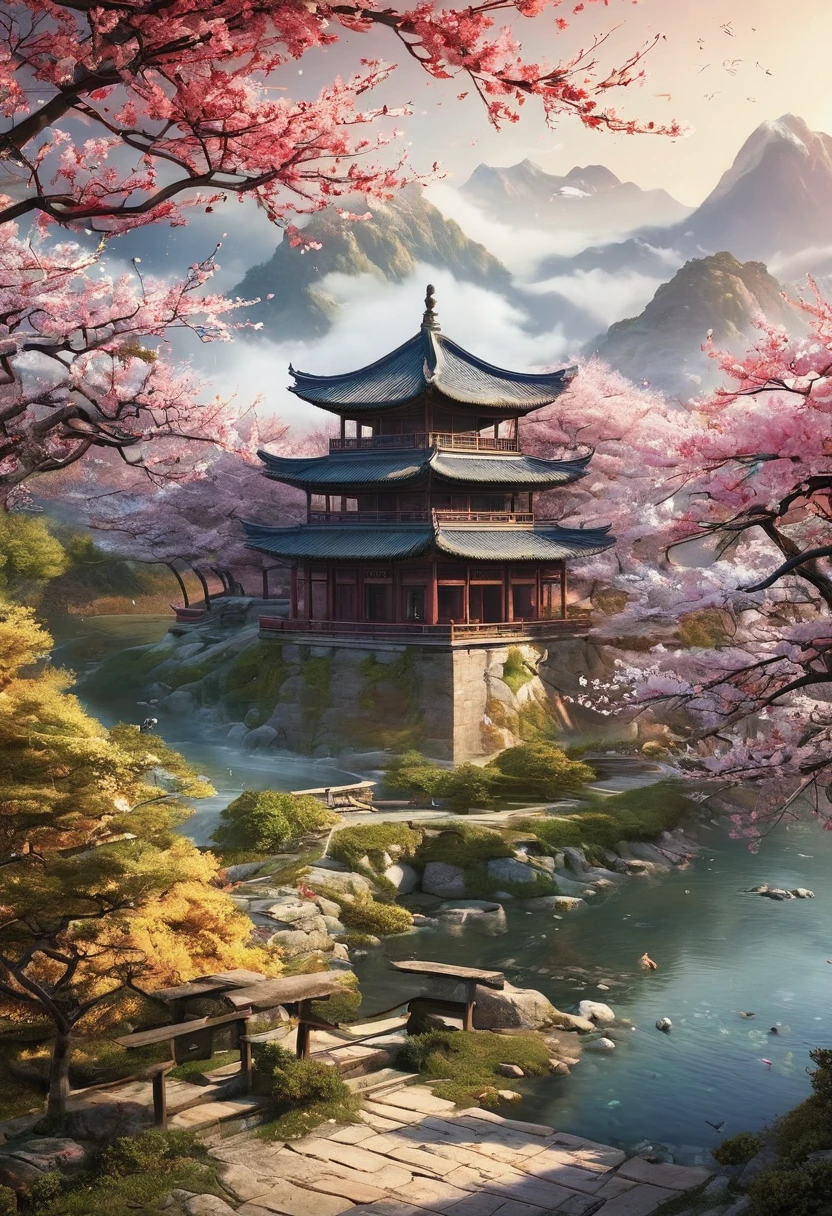 , plum bossom, Flying snow，Mingyuechun's, Beautiful anime scene, Anime Landscape, landscape details — Width 672,  Enhance Details., 32K ，Ultra HD，Classic Attic，Chinese style，中Chinese style，antiquity，No Characters，Pure landscape painting