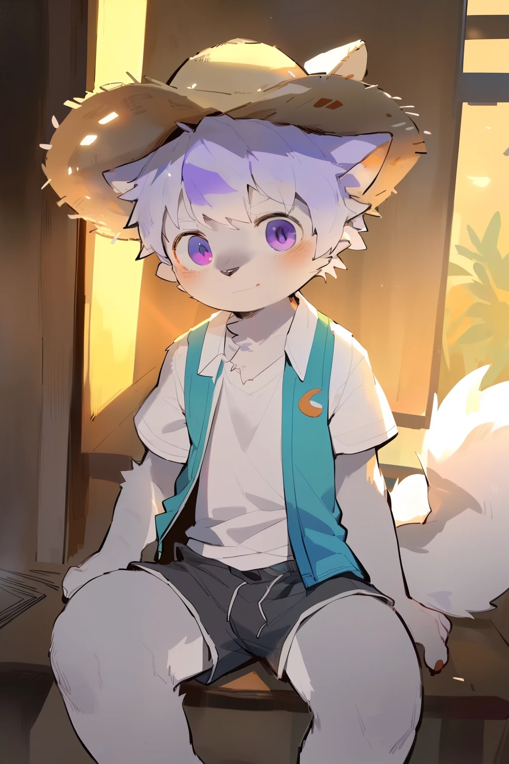 masterpiece, best quality, Perfect anatomical structure, Bright Eyes, Big watery eyes, From milkytiger1145, author:K0BIT0WANI,Alone,Hairy male,Hairy body,exhibit,prairie wolf,Canines,Gray fur,Long white hair,Purple hair ends,Purple Eye,Being bullied,cute,Handsome,Big Tail,Play the guitar,Summer vest,Summer shorts,Straw hat,Sitting,Toddler,((Boy,shota)),boy,Pino Deheny, Carney announced, milkytiger1145,