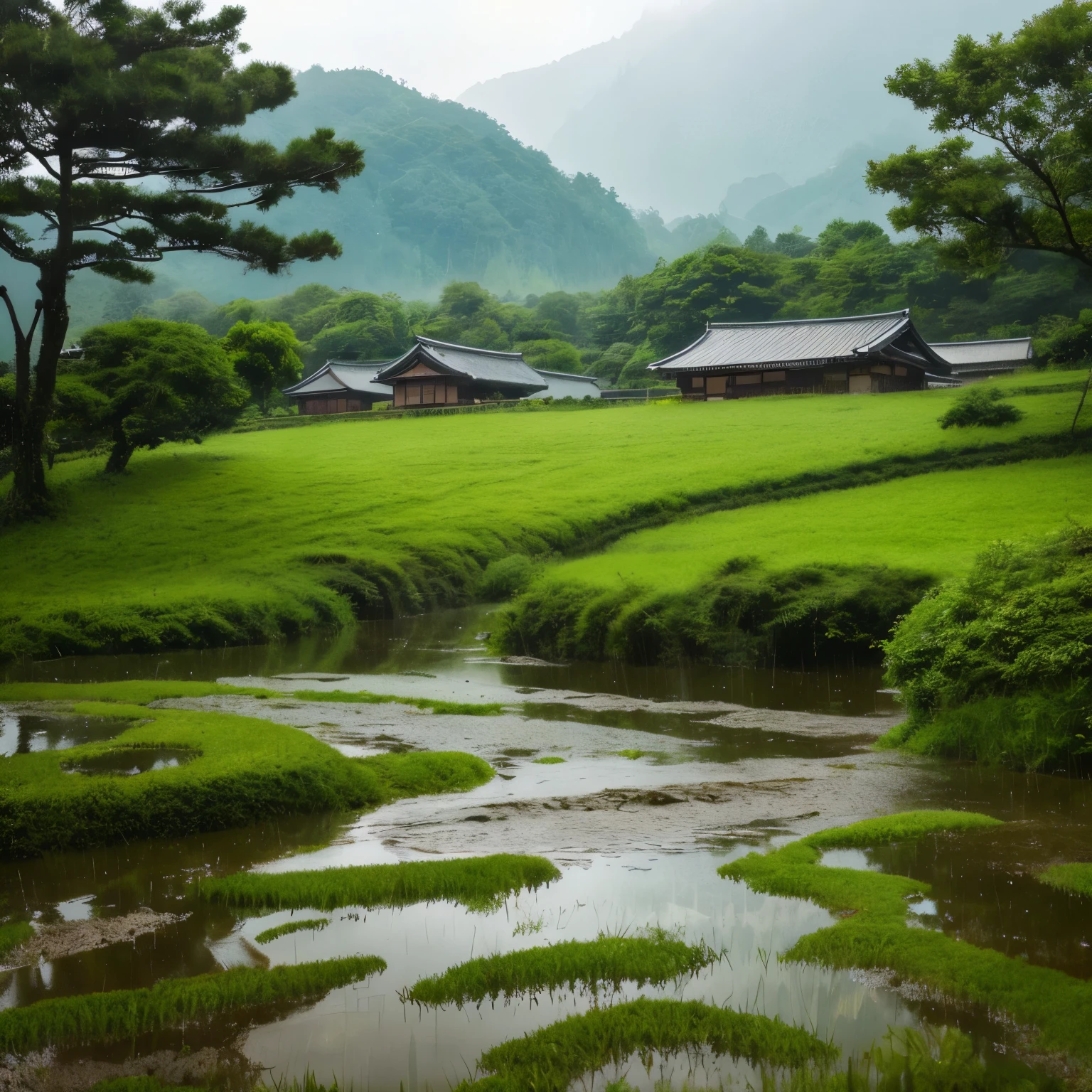 So beautiful、high-quality, real, photo-like policy。create a rainy Japanese countryside landscape。pay particular attention to the details of the light、created like an actual photograph。 The rain has a transparent quality、it has a shine and a shine
