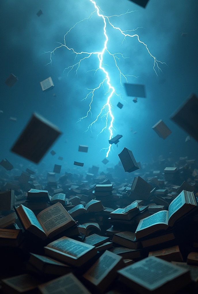 A dark and chaotic environment where books are flying, no people in the photo, lightning. Not a place like a library, just a little fog and books flying around.