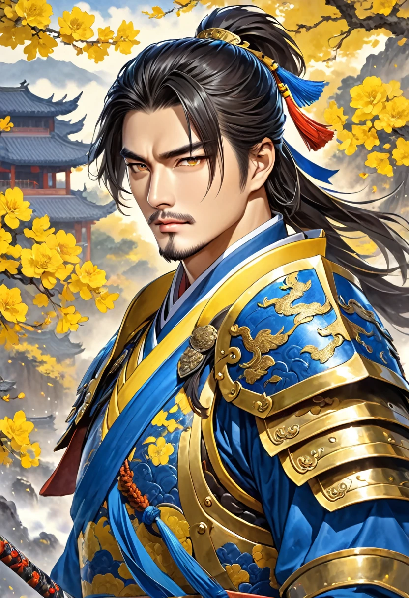 Three Kingdoms Zhou Yu, very handsome, Chinese armor, nice guy, splendor, shave, Armor of blue and yellow,
