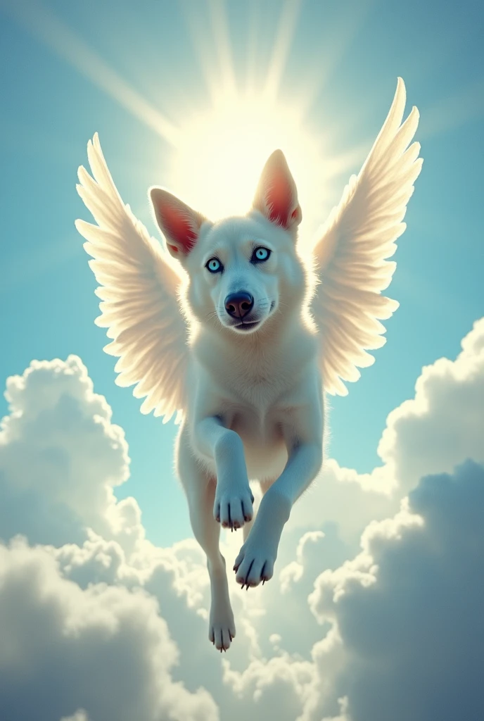 Thin white husky dog. has blue eyes. It levitates towards the blue sky like an angel. It has no wings. It goes to the other life. the image transmits peace, peace and hope. Without a leash.