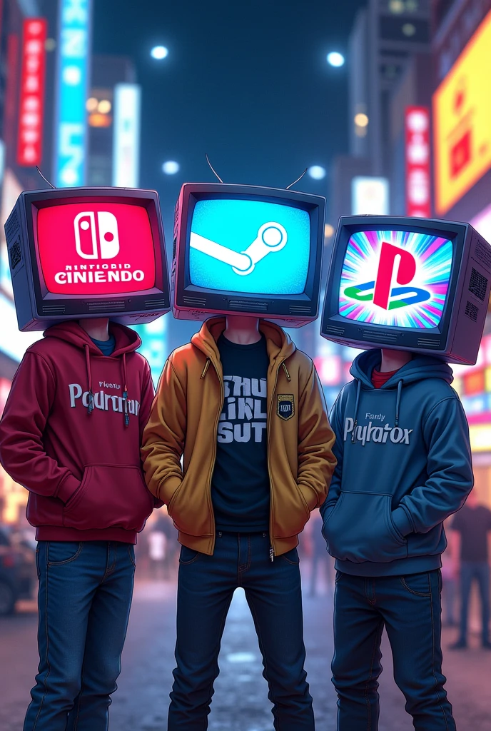 Boys with TV-shaped heads with the Nintendo Logo, Steam logo, Playstation logo, Xbox version logo manga