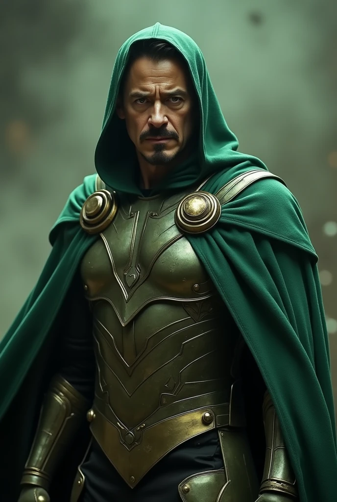 Iron man character Robert Downey Jr as Dr.doom,in a green cloak , metal armour,iron mask off,in villain getup , looking at the camera, after defeating the Avengers alliance,different profiles, smoky, dusty, dark mysterious background, ultra realistic, realism 16K,textured skin.