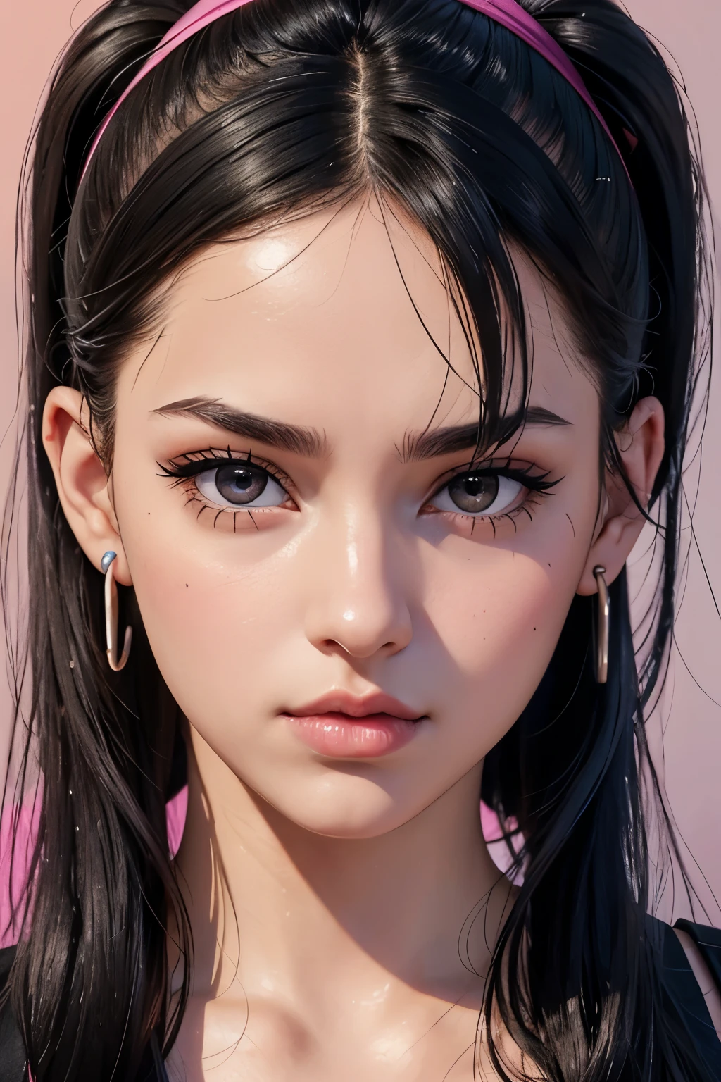 The face of a young woman, dark eyes, black pigtails, nose piercing, ear rings, full lips, index finger in front of the lips, head on side, detailed face, realistic, datailed lips, busty