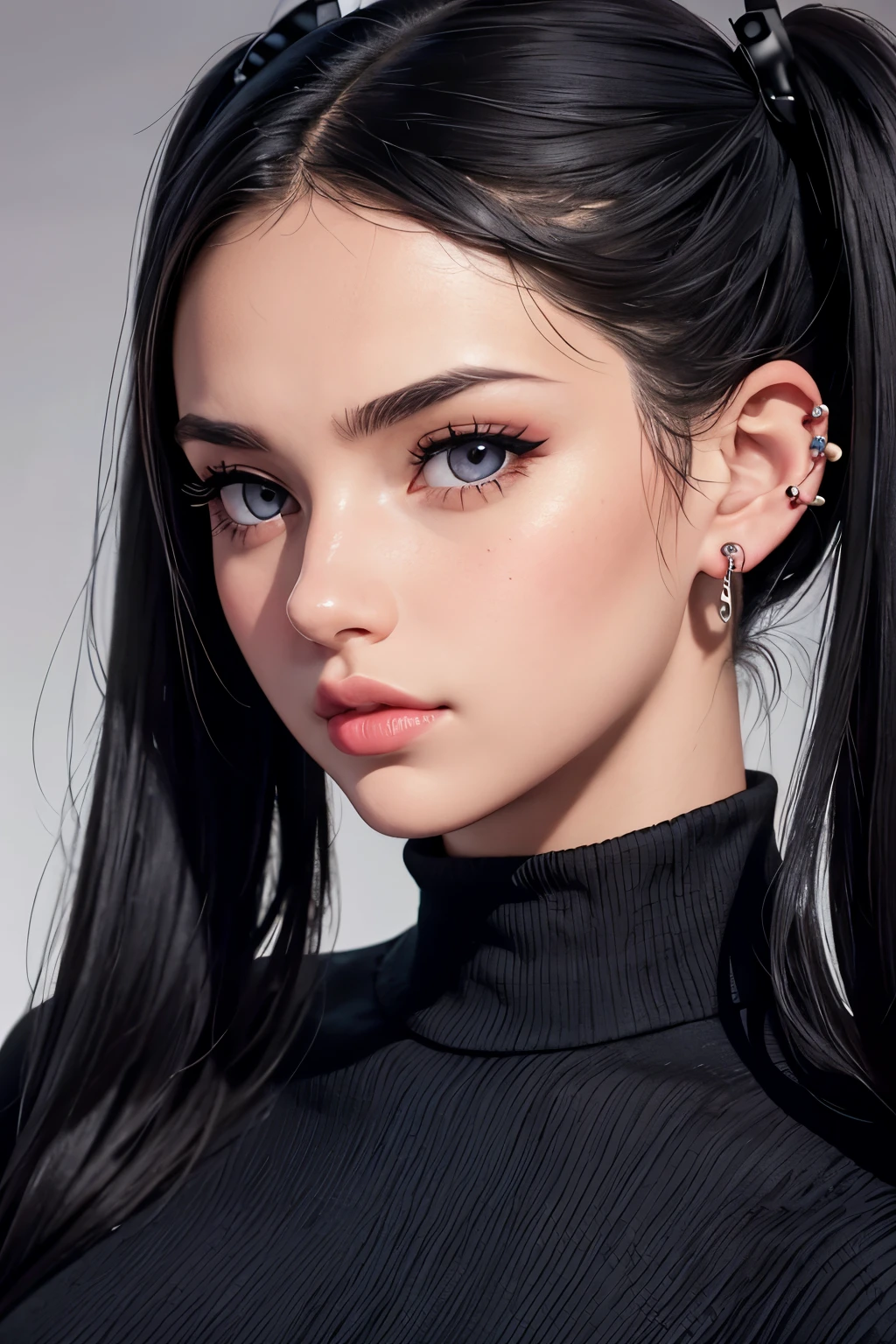 The face of a young woman, dark eyes, black pigtails, nose piercing, ear rings, full lips, index finger in front of the lips, head on side, detailed face, realistic, datailed lips, busty