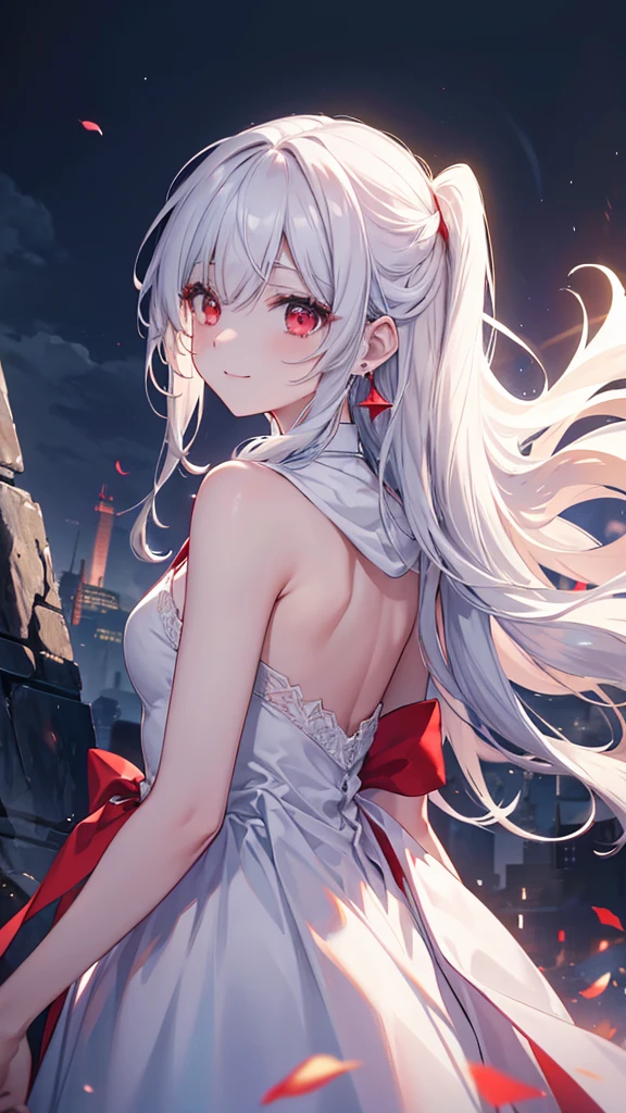 One person, Turn towards me、High resolution, smile, Ruins at night、Outdoor、White dress、Lady、Arms are in front of the body、solo, Long Hair, とてもLong Hair, Back view, look up, Character profile, Red eyes, 8k octane, Illustration, Cinematic light effects, Remove the hood, Simple Background, Character portrait, Are crying, High resolution, accurate, Highest quality, masterpiece, Earrings,
