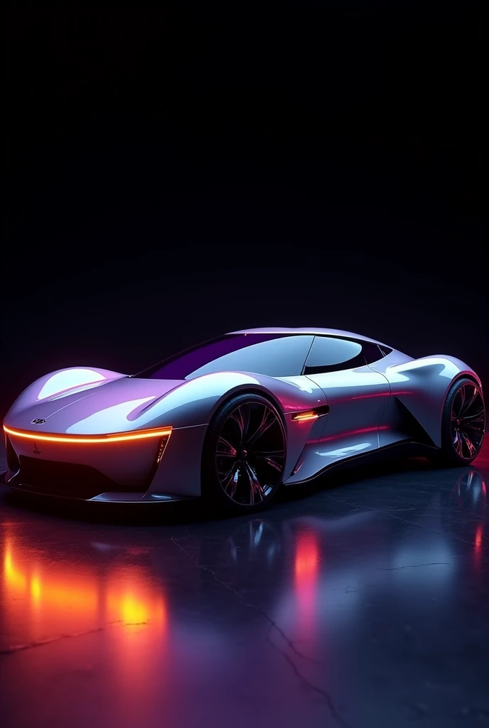 The image features a sleek, futuristic car with a low profile, aerodynamic design, and a shiny, reflective surface. The car is set against a dark background with vibrant orange and purple light reflections on the ground, giving it a dramatic and high-tech appearance. The vehicle appears to be a concept car, likely incorporating advanced technology and cutting-edge design elements. uhd 16k, professional photography, image like neon box 3D light