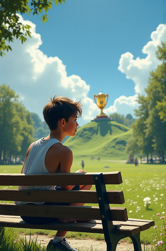 A young person, exhausted, sitting on a bench, looking at a distant goal