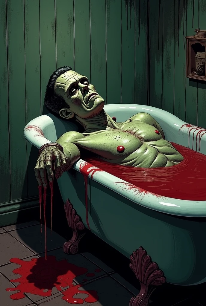 a comic style frankenstein lying in a bathtub full of water, close-up of an arm with a trickle of blood dripping down, blood mixes with water, horror, dark fantasy, dramatic lighting, rich colors, highly detailed, masterpiece, (best quality,4k,8k,highres,masterpiece:1.2),ultra-detailed,(realistic,photorealistic,photo-realistic:1.37)