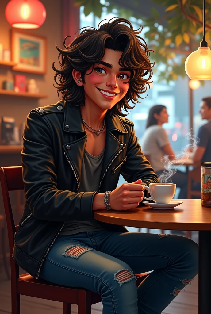 A 4D caricature of a 20-year-old Indonesian guy with long curly hair, wearing a shiny black jacket, jeans, cool boots, sitting drinking coffee and smoking, cafe background 