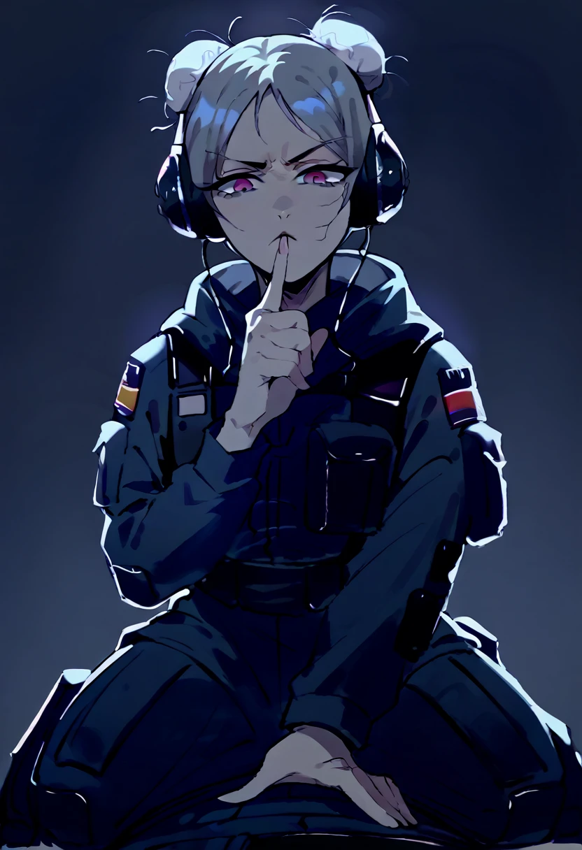 low angle pov, cowgirl position, full body, shushing gesture, finger on mouth, asian older woman Special Ops in black tactical stealth suit, slight wrinkles. headphones, serious expression, one messy bun with grey hair, grey eyes, empty dark background