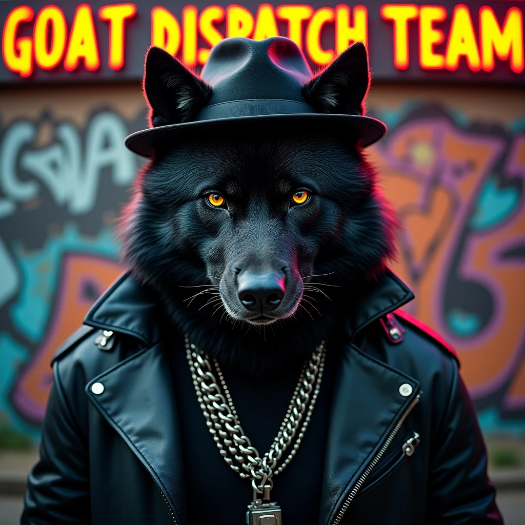 Black serious angry wolf with gangster clothes under the letter "GOAT DISPATCH TEAM"