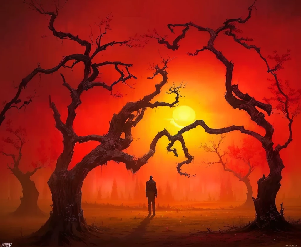 Painting of a man standing in the woods and field at sunset, grimdark Matte Fantasy Painting, Amazing Art, Surreal scene, Superrealisticart, author：Krzysztof Boguszewski, Red gloomy sky, horror Superrealisticart, Surrealist Concept Art, In a red dream world, Matte Fantasy Painting, Epic surrealist 8k oil painting