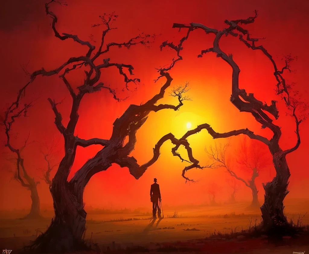 Painting of a man standing in the woods and field at sunset, grimdark Matte Fantasy Painting, Amazing Art, Surreal scene, Superrealisticart, author:Krzysztof Boguszewski, Red gloomy sky, horror Superrealisticart, Surrealist Concept Art, In a red dream world, Matte Fantasy Painting, Epic surrealist 8k oil painting