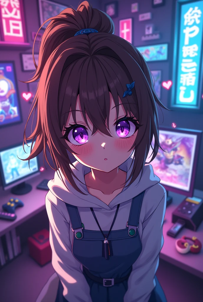 Gamer , Anime girl , brown hair colour , ponytail hair style , yellow T-shirt , purple eyes , empty eye lens , uncaring eye , ties her hair
