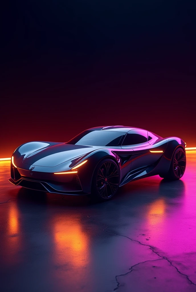 The image features a sleek, futuristic car with a low profile, aerodynamic design, and a shiny, reflective surface. The car is set against a dark background with vibrant orange and purple light reflections on the ground, giving it a dramatic and high-tech appearance. The vehicle appears to be a concept car, likely incorporating advanced technology and cutting-edge design elements. uhd 16k, professional photography, image like neon box 3D light