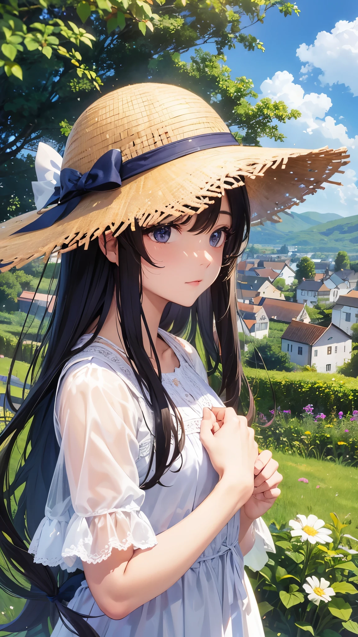 Create an ultra-high-definition 4K image with heightened HDR to vividly capture a charming scene of a cute girl wearing a straw hat, standing on a hilltop overlooking a picturesque rural town. The girl is dressed in a simple, light summer dress that gently flows in the breeze, and the wide-brimmed straw hat shades her face, with a few strands of hair peeking out. Her expression is one of peaceful contentment as she gazes out over the town below.
The hilltop is covered in lush green grass, with a few wildflowers adding splashes of color. From this vantage point, the entire town is visible, with its small, traditional houses, narrow winding roads, and patches of farmland stretching out into the distance. The roofs of the houses are a mix of terracotta tiles and thatched coverings, giving the town a quaint, timeless feel. The landscape is bathed in the warm, golden light of late afternoon, with the sun casting long shadows and highlighting the rich textures of the fields, the buildings, and the surrounding trees.
The HDR effect enhances the vibrancy of the colors, from the deep blue of the sky dotted with fluffy white clouds to the various shades of green in the trees and fields. The details in the girl’s attire, the texture of her hat, and the distant landscape are all rendered in stunning clarity, creating a scene that is both serene and full of life.