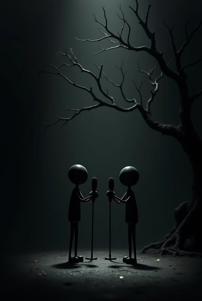 2 stick figures seeing each other holding a mic black background and a horror stick tree behind