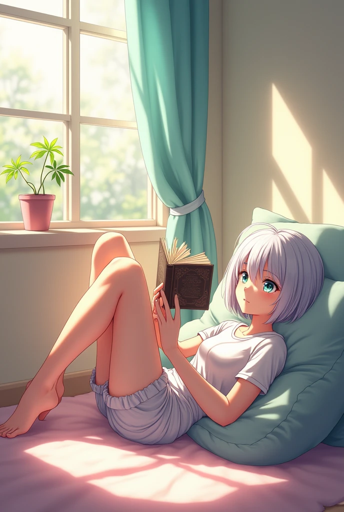 anime style, young adult woman, with one blue eye and one green eye, short white hair.
The woman is lying on the floor looking up. , with the head resting on a pillow.
Her legs are raised and resting on the wall., creating a right angle with your body.
He is holding a book with both hands, which is reading in a relaxed manner.
The camera is positioned to the side,, allowing it to capture both your relaxed posture and the characteristics of the environment, including the wall where your legs are resting and the windows that let in natural light..