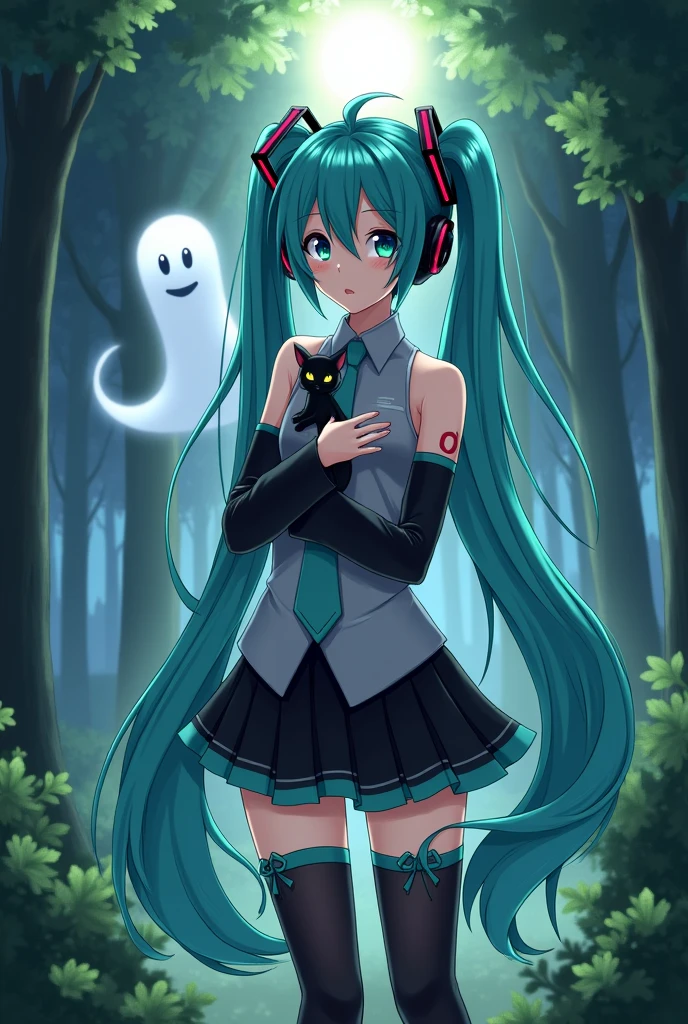 Anime art, anime style, detailed drawing, beautiful forest background background, high definition, high quality, one girl, solo, Hatsune Miku, aqua hair, twin tails, headphones, number tattoo "01" (red, located on her right hand), grey sleeveless collared shirt, black detached sleeves with aqua lines, five fingers with aqua nails, aqua necktie, black pleated mini skirt with aqua lines, zettai ryouiki, thigh-high black boots with aqua lines.

Get example from this image: https://vocaloidespanol.fandom.com/es/wiki/Hatsune_Miku?file=Hatsune_Miku.png

Miku Hatsune hugging a black cat in the night; there is ghost following her behind