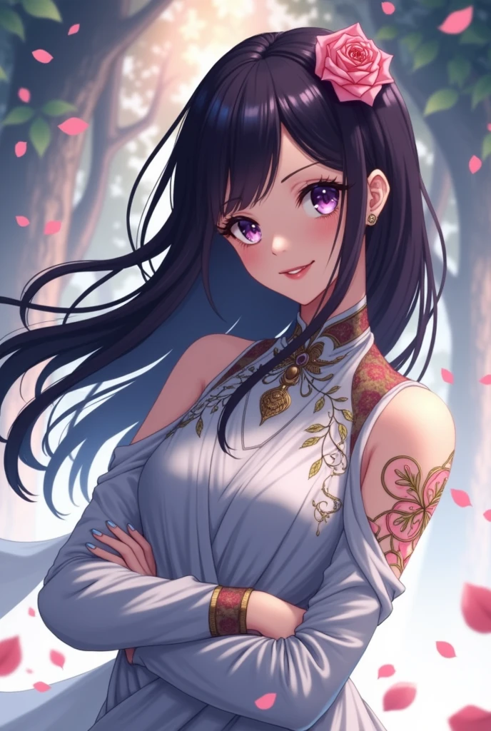 A beautiful girl, with beautiful smile,with darksky blue sari, with purple eyes, with purple long hair, with turning,a rose in his hand, in a jungle. Anime
