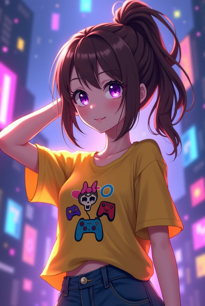Gamer , Anime girl , brown hair colour , ponytail hair style , yellow T-shirt , purple eyes , empty eye lens , uncaring eye , ties her hair