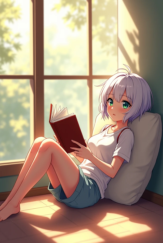 anime style, young adult woman, with one blue eye and one green eye, short white hair.
The woman is lying on the floor looking up. , with the head resting on a pillow.
Her legs are raised and resting on the wall., creating a right angle with your body.
He is holding a book with both hands, which is reading in a relaxed manner.
The camera is positioned to the side,, allowing it to capture both your relaxed posture and the characteristics of the environment, including the wall where your legs are resting and the windows that let in natural light..