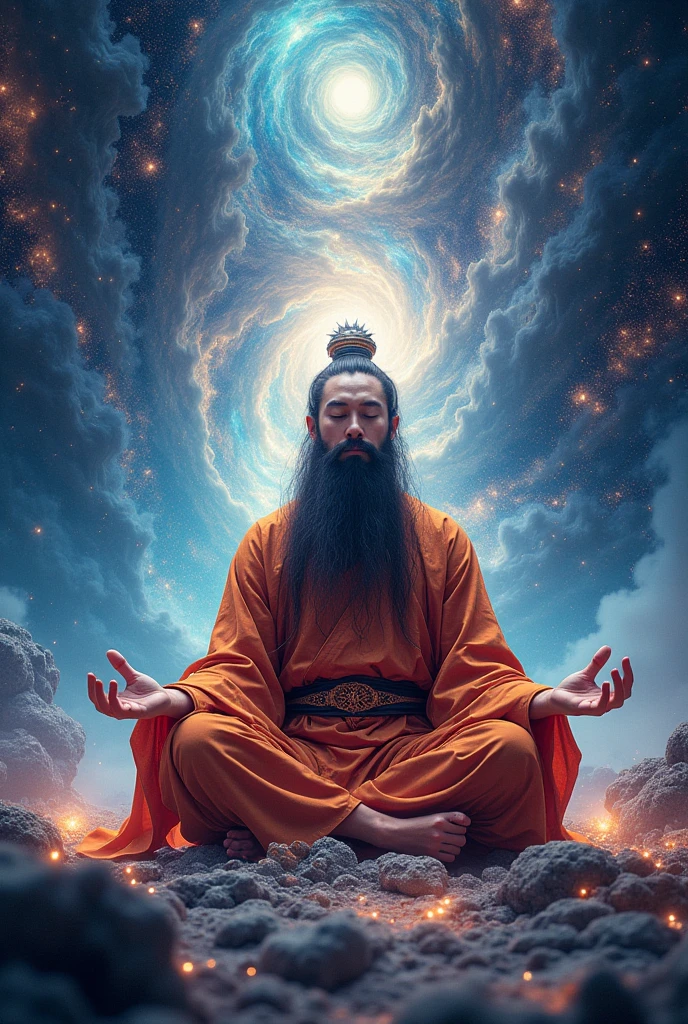 Fractal Art，Young Chinese male Taoist leader，Long beard，Cross-legged meditation, In the center， Wallpaper Art, Ultra HD Wallpaper，Science Fiction，magic，role conception

