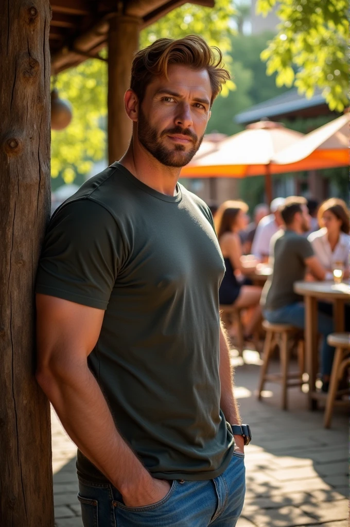 38 year old man, copper brown hair, Brown eyes, high, stocky and handsome
