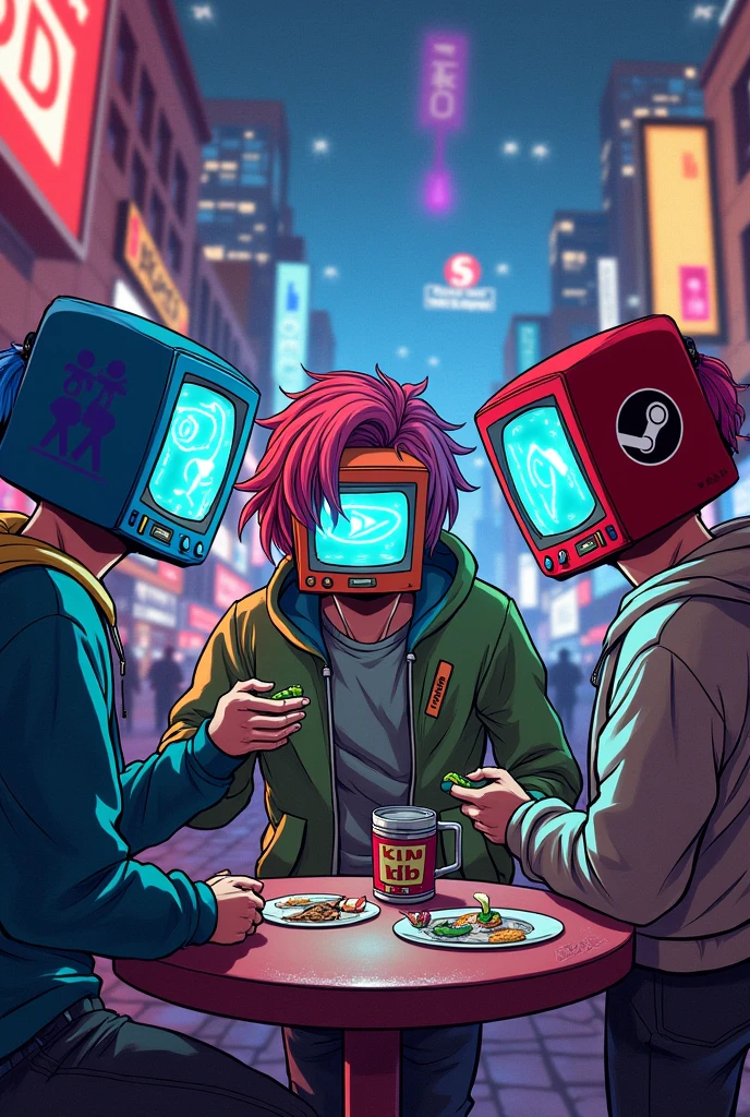 Boys with TV-shaped heads with the Nintendo Logo, Steam logo, Playstation logo, Xbox version logo manga
